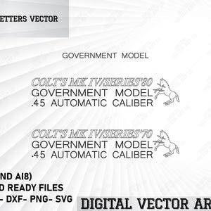 Puede incluir: Un diseño gráfico vectorial con el texto "COLT LETTERS VECTOR" y "GOVERNMENT MODEL." También muestra "COLT'S MK IV/SERIES'80" y "COLT'S MK IV/SERIES'70" con texto adicional. La imagen incluye un gráfico de caballo e información del tipo de archivo.