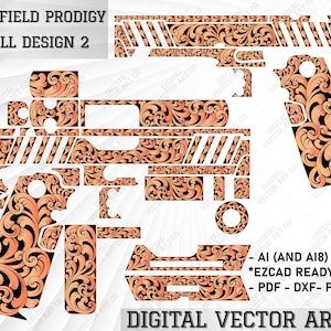 May include: A digital vector art design for a Springfield Prodigy gun featuring a scroll design in orange and black. The design is divided into multiple pieces for easy application. The design includes the text "Springfield Prodigy Scroll Design 2".
