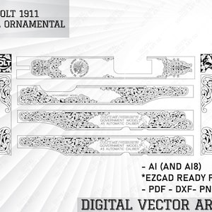 May include: Black and white vector art design for a Colt 1911 scroll ornamental. The design includes various gun parts with intricate floral and scroll patterns. Text includes "COLT 1911 SCROLL ORNAMENTAL" and "45 AUTOMATIC CALIBER".