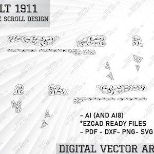 Puede incluir: Diseño de arte vectorial digital en blanco y negro de una pistola Colt 1911 con detalles de desplazamiento de filigrana. El diseño incluye varios elementos decorativos, como espirales, curvas y florituras. El texto "COLT 1911" y "FILIGREE SCROLL DESIGN" está incluido en la imagen.