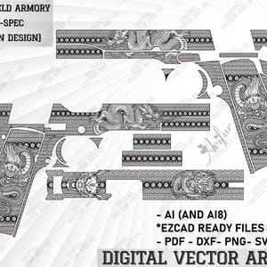May include: A black and white digital design for a Springfield Armory gun with a dragon design. The design includes the words "Springfield Armory", "Mil-Spec", and "Dragon Design".
