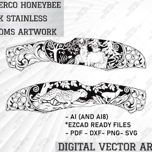 Könnte beinhalten: Schwarzweißes digitales Vektor-Art-Design eines Spyderco Honeybee Messers mit einer Klinge aus schwarzem Edelstahl. Das Design zeigt ein florales Muster mit Tieren, darunter ein Hirsch, ein Leopard und ein Vogel. Der Text "SPYDERCO HONEYBEE BLACK STAINLESS CUSTOMS ARTWORK" befindet sich oben im Bild. Der Text "AI (AND A18) *EZCAD READY FILES - PDF - DXF - PNG - SVG DIGITAL VECTOR ART CO" befindet sich unten im Bild.
