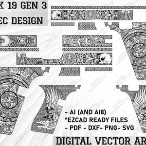 Puede incluir: Un diseño digital en blanco y negro para una pistola Glock 19 Gen 3 con un patrón azteca. El diseño incluye las palabras "Glock 19 Gen 3" y "Aztec Design".