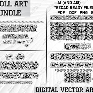 May include: A set of black and white scroll art designs. The designs are intricate and detailed, and they would be perfect for use in a variety of projects, such as scrapbooking, card making, and home decor. The designs are available in AI, A18, EZCAD, PDF, DXF, PNG, and SVG formats.