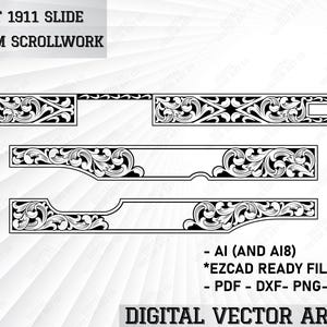May include: Black and white vector art of Colt 1911 slide designs with custom scrollwork. The image includes multiple slide variations with ornate floral patterns. Text includes "COLT 1911 SLIDE CUSTOM SCROLLWORK" and file type information.