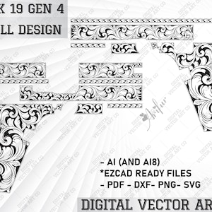 Glock 19 gen 4 scroll design,laser svg file,glock svg,ornamental,svg art work,scroll design,metal svg,laser engraving,firearms svg,laser cut