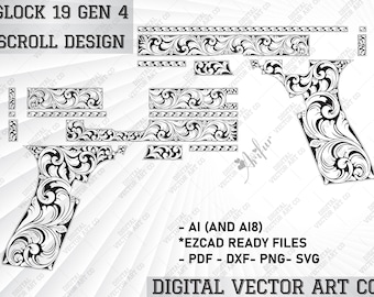 Glock 19 gen 4 scroll design,laser svg file,glock svg,ornamental,svg art work,scroll design,metal svg,laser engraving,firearms svg,laser cut
