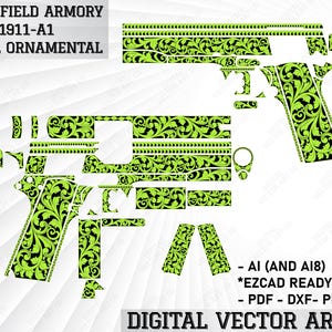 May include: A digital vector art design of a Springfield Armory 1911-A1 pistol with a scroll ornamental pattern. The design features a black and neon green floral pattern. Text on the image reads "SPRINGFIELD ARMORY 1911-A1 SCROLL ORNAMENTAL".