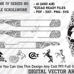 Pode incluir: Design de arte vetorial digital em preto e branco de volutas para uma pistola Colt MK IV Série 80. O design inclui um logotipo Colt e o texto "Also You Can Use This Design Any Colt 1911 Full Slide".