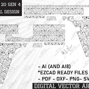 Svg Glock 20 gen 4 Scroll Design. laser engraving,engraving firearms, metal work, engraving patterns, Stippling, Engraving, Vector, SVG. Ai8