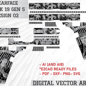 Puede incluir: Diseño digital en blanco y negro para una pistola Glock 19 Gen 5 con temática de Scarface. El diseño incluye un palmeral y un fondo de isla tropical con un retrato de Al Pacino como Tony Montana. El diseño está disponible en los formatos AI, DXF, PDF, PNG y SVG.