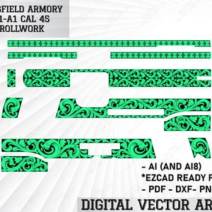 May include: A digital vector art design for a Springfield Armory 1911-A1 Cal 45, featuring scrollwork. The design is in black and bright green, with the text "SPRINGFIELD ARMORY 1911-A1 CAL 45 SCROLLWORK". Includes AI, PDF, DXF, PNG, and SVG files.
