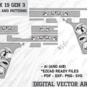 Puede incluir: Un diseño de arte vectorial digital en blanco y negro para una pistola Glock 19 Gen 3. El diseño presenta intrincados trabajos de desplazamiento y patrones. El diseño incluye archivos AI, DXF, PNG y SVG.