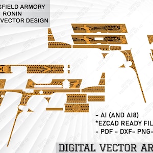 May include: A digital vector design for a gun featuring a gold and black pattern with the text "Springfield Armory Ronin Sparta Vector Design" and "Digital Vector Art Co".