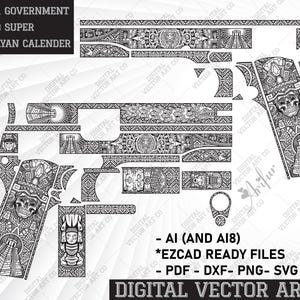 May include: Black and white digital vector art design for a Colt 1911 Government 38 Super pistol. The design features an Aztec Mayan calendar pattern.