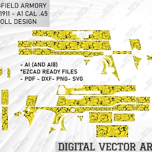 Puede incluir: Un diseño de arte vectorial digital para una pistola Springfield Armory Model 1911 A1 calibre .45. El diseño presenta un patrón de desplazamiento en negro y amarillo.