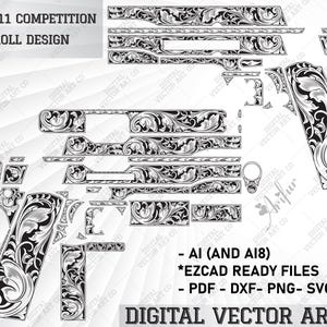 May include: Black and white floral scroll design for a Colt 1911 competition pistol. The design is made up of intricate floral patterns and includes the text "COLT 1911 COMPETITION SCROLL DESIGN".