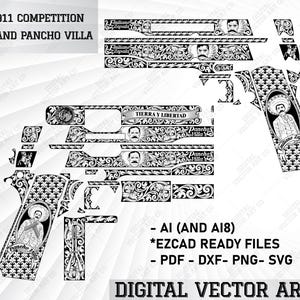 Op de afbeelding: Zwart-wit digitale kunst van een Colt 1911 Competition pistoolontwerp, met ingewikkelde bloempatronen en portretten van Zapata en Pancho Villa. Het ontwerp bevat de tekst "Tierra y Libertad" en "Pancho Villa".