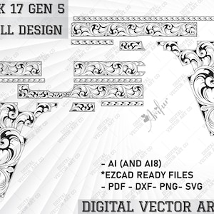 Conception de défilement Glock 17 génération 5, fichier de gravure laser, fichiers prêts pour ezcad, découpe laser, svg laser fibre, armsdesign, motifs de gravure svg.