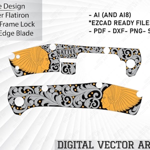 May include: Digital vector art of a Native American design for a Gerber Flatiron knife. The design features a profile of a Native American chief in gold, with ornate silver and black scrollwork. Text includes "Native" and "Digital Vector Art Co."