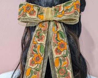 Handmade Embroidered Floral Bridal Hair Bow, Romantic Tulle Accessory