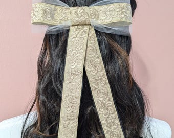 Ivory Embroidered Bridal Hair Bow, Floral Tulle Wedding Accessory