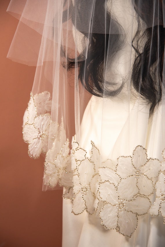 Beaded Lace Wedding Veil, Floral Appliqué, Silver Beads and 