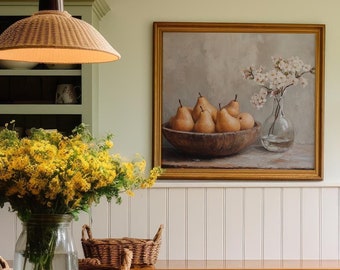 Vintage Birnen Stillleben: Frühlingsblüten | Rustikale Küche Art Print | Digitaler Download