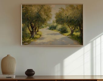 Olive Trees by Road – Mediterranean Oil Style Landscape Print, Rustic Summer Pathway Digital Art