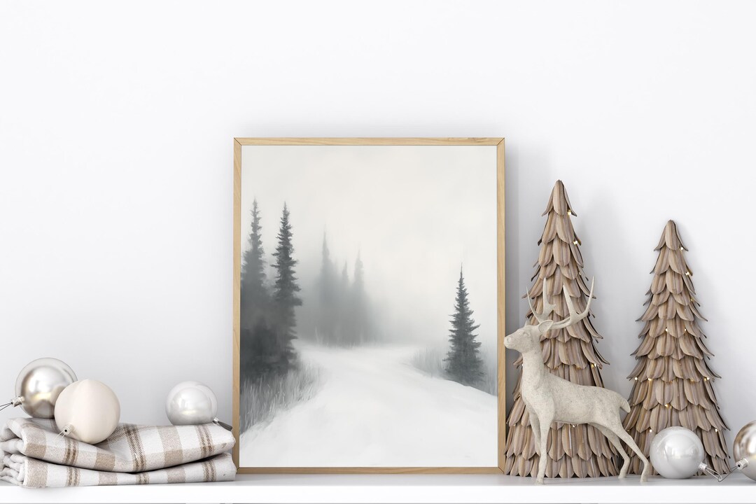 Snowy Forest Road Wall Art, Holiday Winter Landscape Painting ...