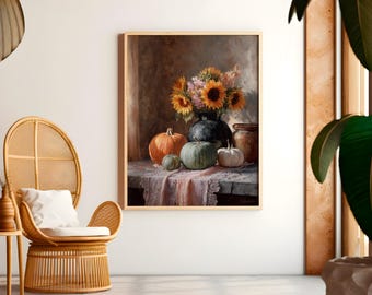 Sonnenblumen & Kürbisse Stillleben Print - Herbst Ernte Wohndeko (Digitaler Download)