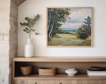 Serene New England Countryside Art Print: Pastoral Summer Landscape Wall Decor, Printable Oil Painting