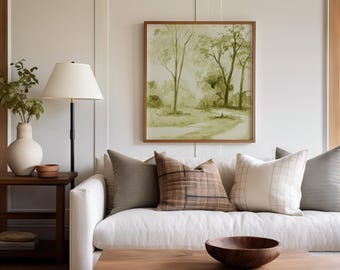 Serene Waldspur Aquarell: Neutrale Landschaftswandkunst, minimalistischer grüner Parkweg zum Ausdrucken