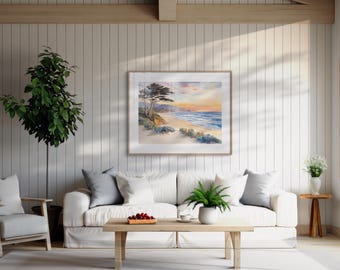 Carmel Beach Sunset: Coastal Watercolor Landscape Print - Pacific Ocean Horizon Digital Wall Art