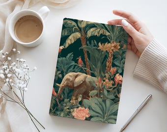 Tropisches Safari Toile Journal - Üppiges botanisches Elefant Vogel Design tief smaragdgrünes Notizbuch
