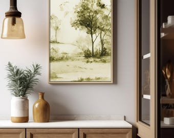 Serene Green Park Aquarell: Minimalistische Waldlandschaft Print für ruhige Naturwanddeko