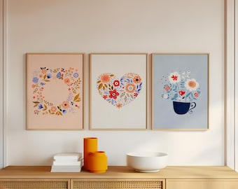 Nordischer Valentinstag Kunst Set: 3 Vintage Blumendrucke, Skandinavischer Stil Digital Download