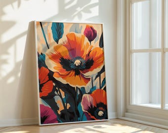 Vibrant Poppy Flower Wall Art Print - Modern Botanical Digital Download for Home Decor