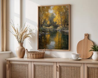 Chico Creek im Herbst - Golden River Landschaft Ölgemälde Druck, Reflexionen Wandkunst, Warme Herbst Natur Dekor in Kalifornien