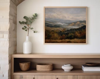 Misty Mountain Horizon: Stimmungsvolle Herbstlandschaft Ölgemälde für eine zeitlose Wanddekoration