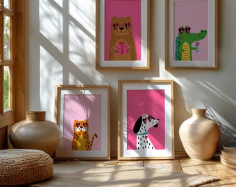 Valentinstag Tier Kunstdrucke: Buntes Kinderzimmer Dekor-Set - 4 Digitale Downloads