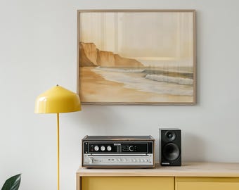 Soft Ocean Cliffside Watercolor: Minimalist Coastal Landscape Print for Summer Beach Home Decor