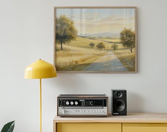 Farmland Road – Golden Pastures Oil Style Landscape, Rolling Fields Digital Wall Print