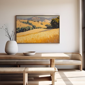 California Wheat Fields – Golden Hills Oil Style Landscape Print, Rolling Countryside Digital Art