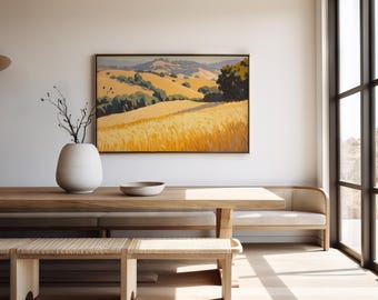 California Wheat Fields – Golden Hills Oil Style Landscape Print, Rolling Countryside Digital Art
