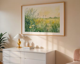 Wildblumenwiese – Sanftes gelb grünes Blumen Aquarell, Sommerfeld Botanischer Druck