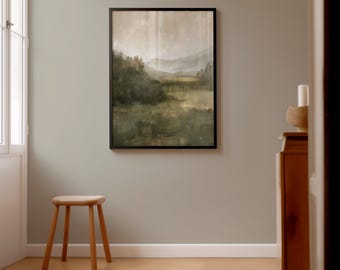 Nebliges Tal Landschaftsdruck - Herbstgrün Gemälde (Digitaler Download)