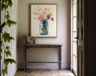 Aquarell Wildblumen Einmachglas Druck: Botanische Garten Kunst für Rustikale Landhaus Wanddeko