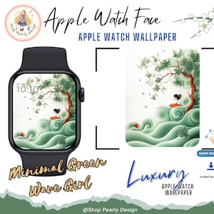 Minimal Green Wave Girl Apple Watch Face Wallpaper | Luxury Asian-Inspired Smartwatch Background | Digital Download