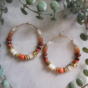Gold-plated stainless steel earrings - Natural stone beads - Handmade hoop earrings